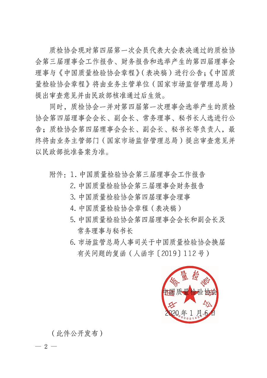 中國質量檢驗協會關于第四屆第一次會員代表大會和第四屆第一次理事會相關表決結果的公告(中檢辦發〔2020〕1號)